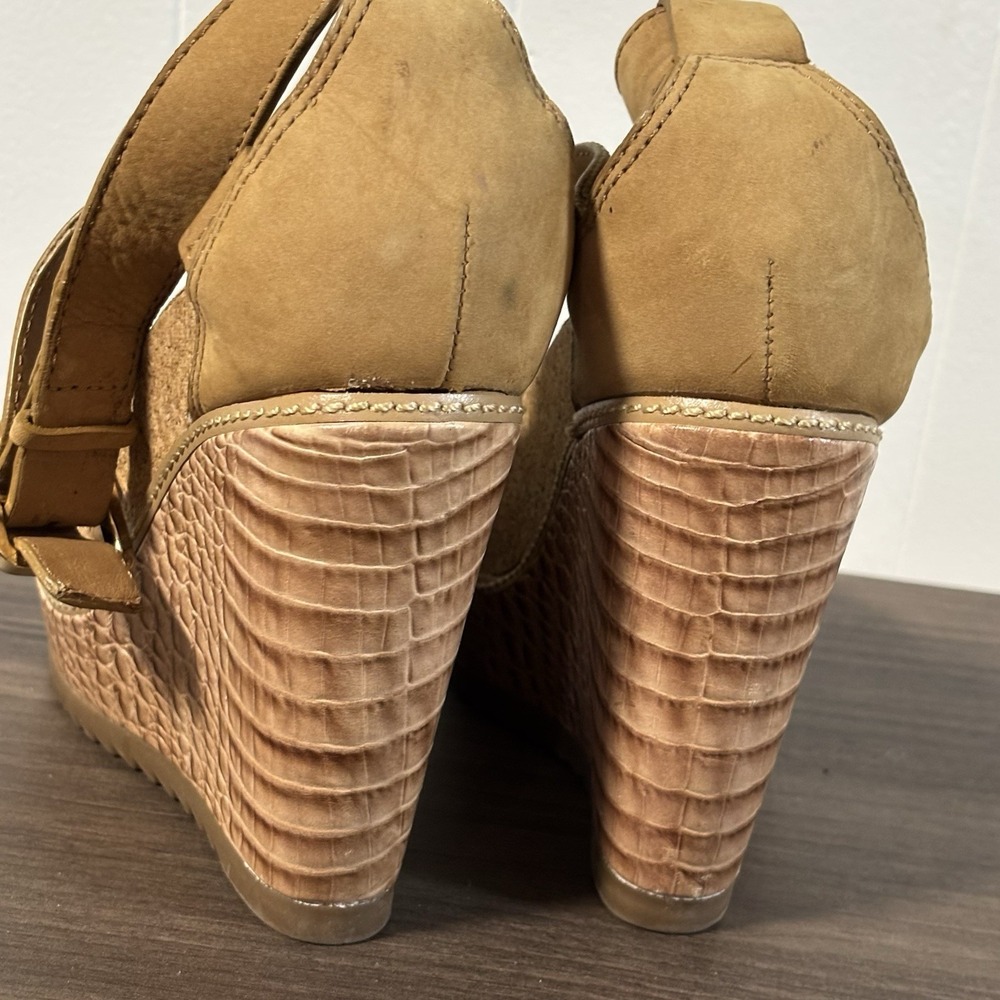Pre-owned Tory‎ Burch Women's Tan Leather High Heel Wedge Sandals Sz 7M - Picture 2 of 6